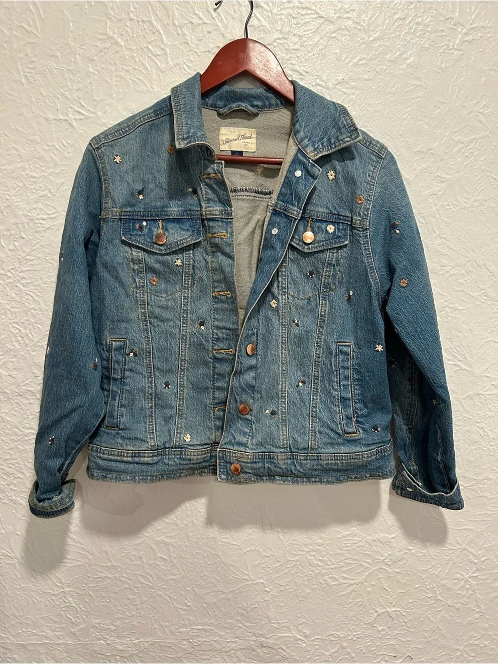 Light Blue Denim Jacket with Floral Embroidery with Subtle Fading